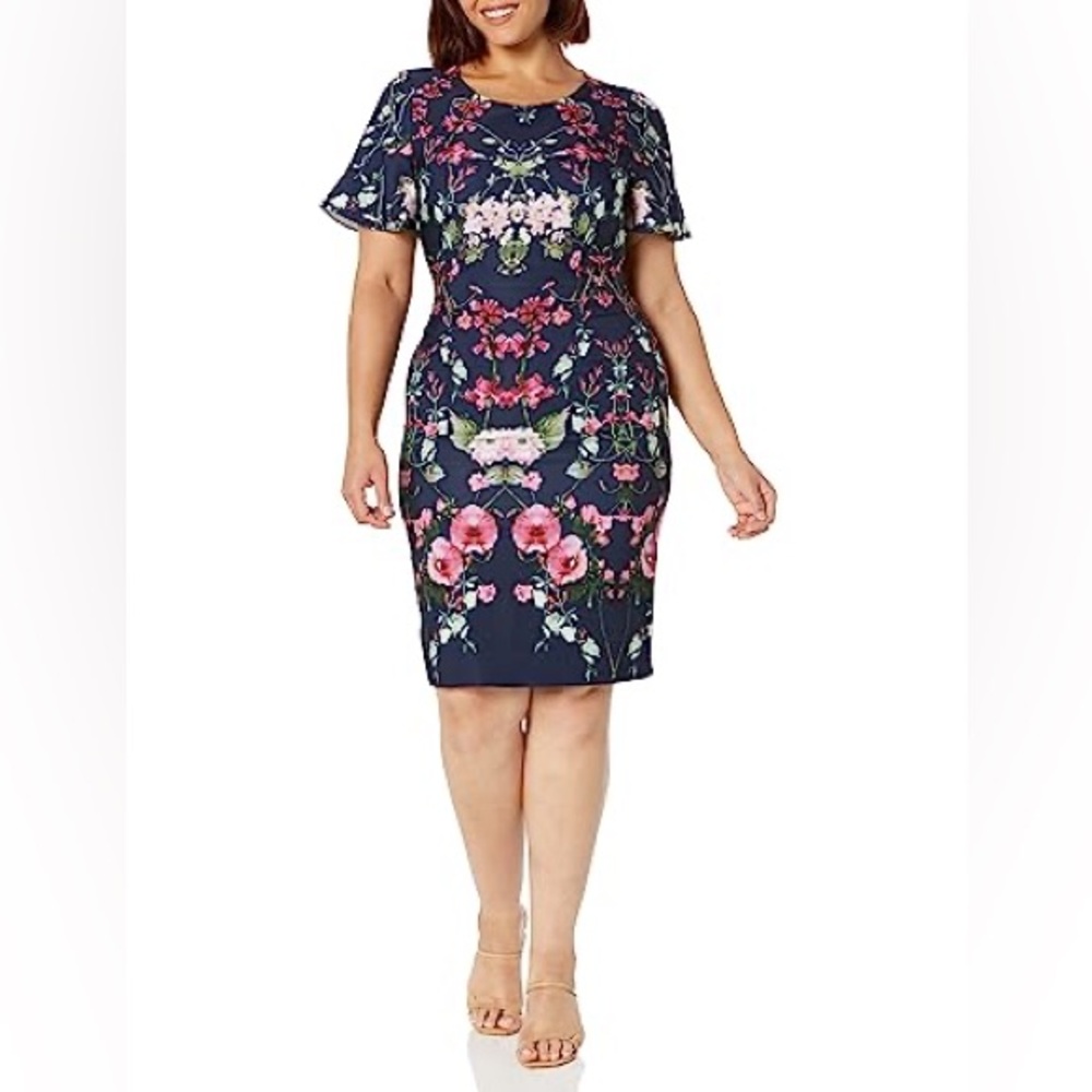 NWT Adrianna Papell Navy Floral Sheath Dress with Pink & Green Accents. Size 16W